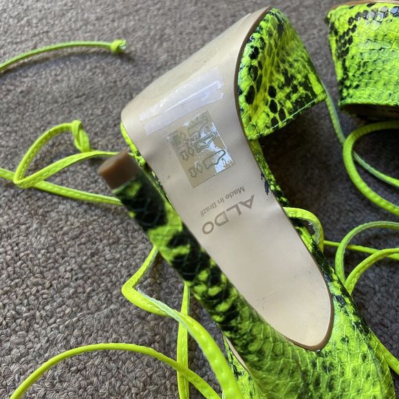 Aldo Neon Yellow Green Snakeskin Faux Leather Gladiator Stiletto Heels 6.5 - Picture 7 of 7